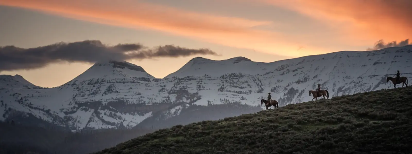 Three people on horseback riding down a hill with Wyoming mountains in the background.